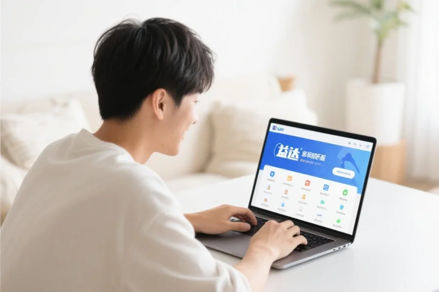 一位年轻用户在明亮舒适的室内环境中愉快地使用笔记本电脑,屏幕上展示长运客户端新版界面